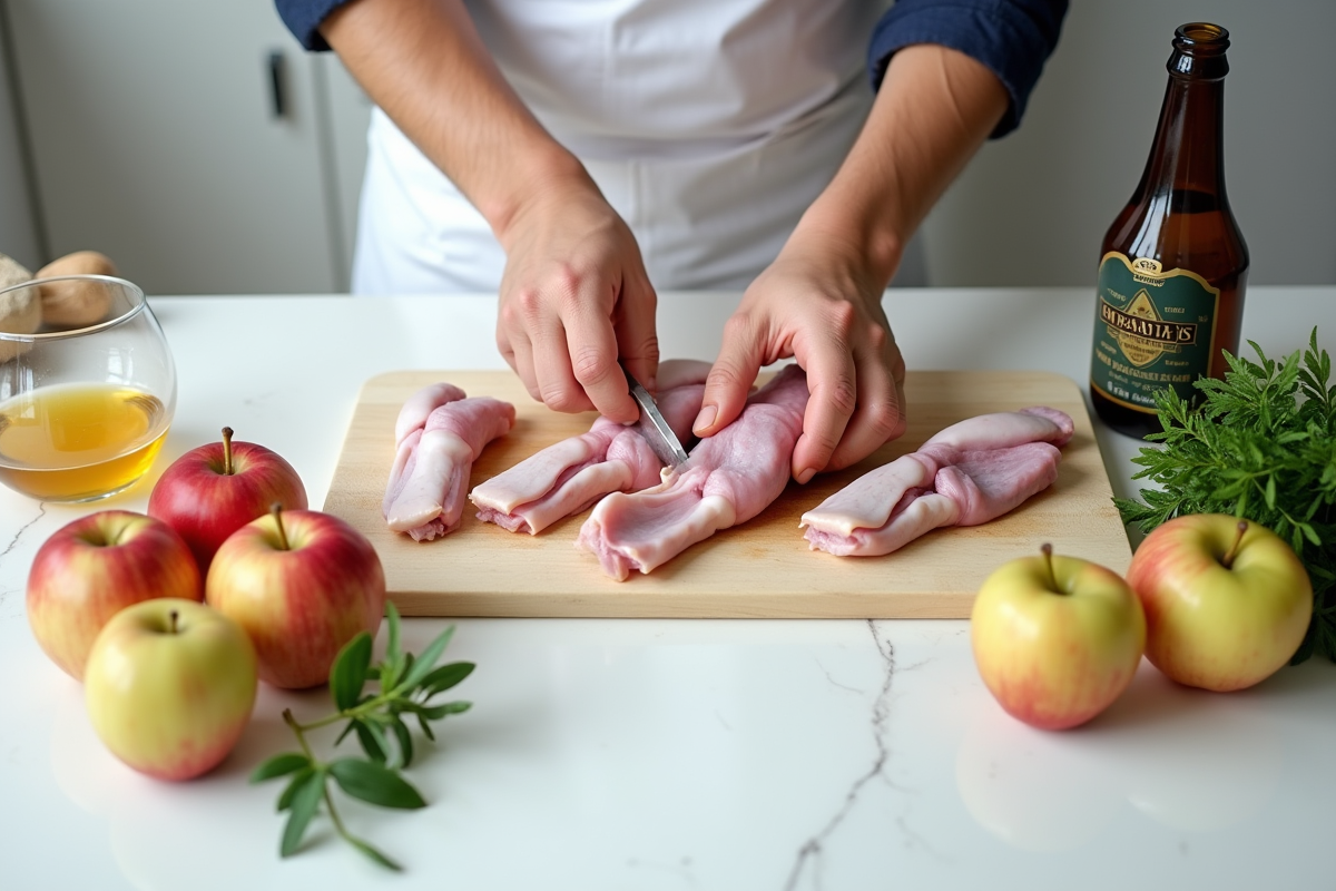 Chef préparant des morceaux de lapin avec des pommes fraîches