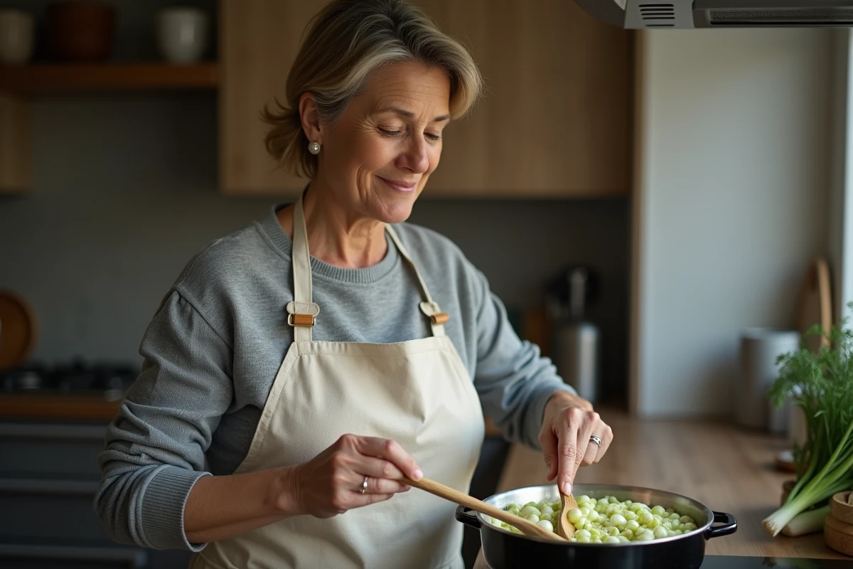 Femme préparant une fondue de poireaux économique dans une cuisine ordinaire en remuant avec une cuillère en bois