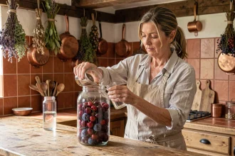 Femme préparant des fruits confits à l'alcool 90 dans un bocal en verre sur un plan de travail en bois rustique