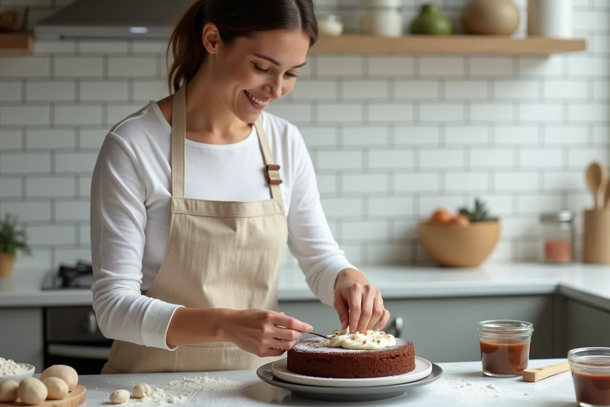 Femme en tablier de lin étalant de la crème de marron sur un gâteau moelleux dans une cuisine familiale lumineuse