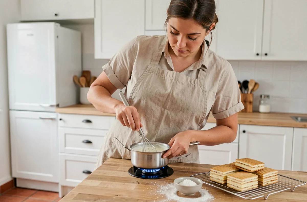 Femme préparant le glaçage sans grumeaux pour mille-feuille dans une cuisine moderne avec fouet et casserole
