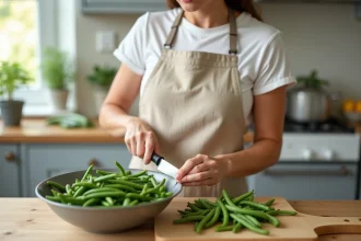 Femme préparant des haricots verts frais sur un plan de travail en bois avant de les congeler en batch cooking
