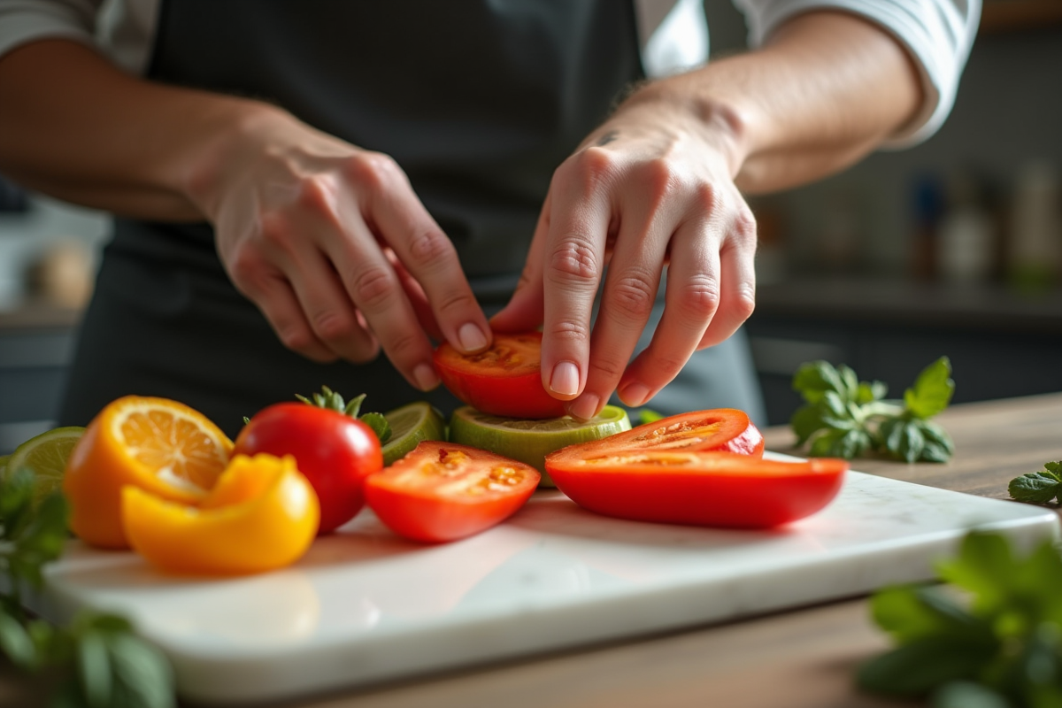 Mains préparant des légumes en V sur plan en marbre
