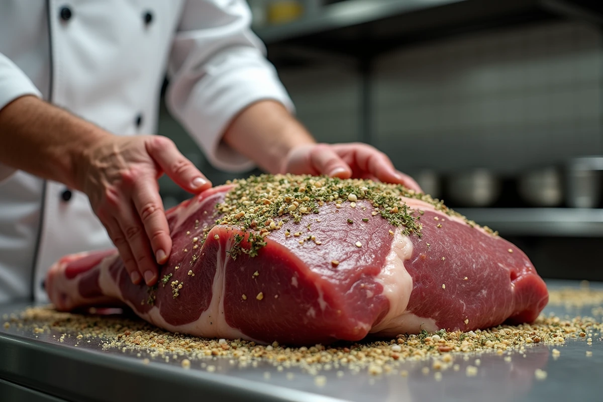 Chef préparant une épaule d'agneau en la massant avec des herbes, du sel et de l'huile d'olive avant marinade et cuisson basse température