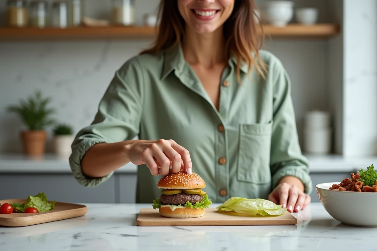 Femme préparant des mini hamburgers apéro maison sur un plan de travail en marbre dans une cuisine moderne