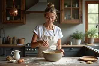 Femme préparant de la pâte à crêpes dans un bol en céramique sur un plan de travail en bois rustique