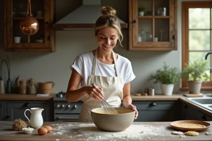Femme préparant de la pâte à crêpes dans un bol en céramique sur un plan de travail en bois rustique