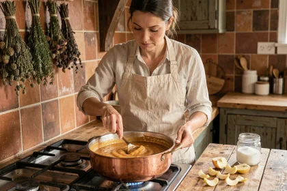Femme préparant une pâte de fruit à la pomme dans une casserole en cuivre sur un plan de travail rustique