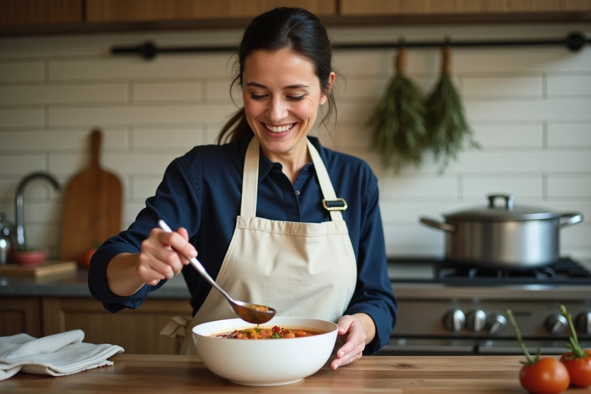 Femme préparant une potée maison en versant la soupe généreuse dans un bol, tablier en lin, cuisine traditionnelle en arrière-plan
