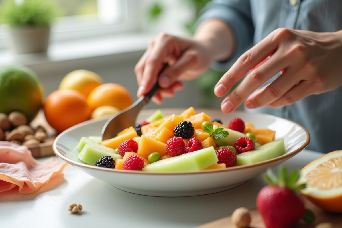 Mains préparant une salade de fruits colorée avec lychee et miel