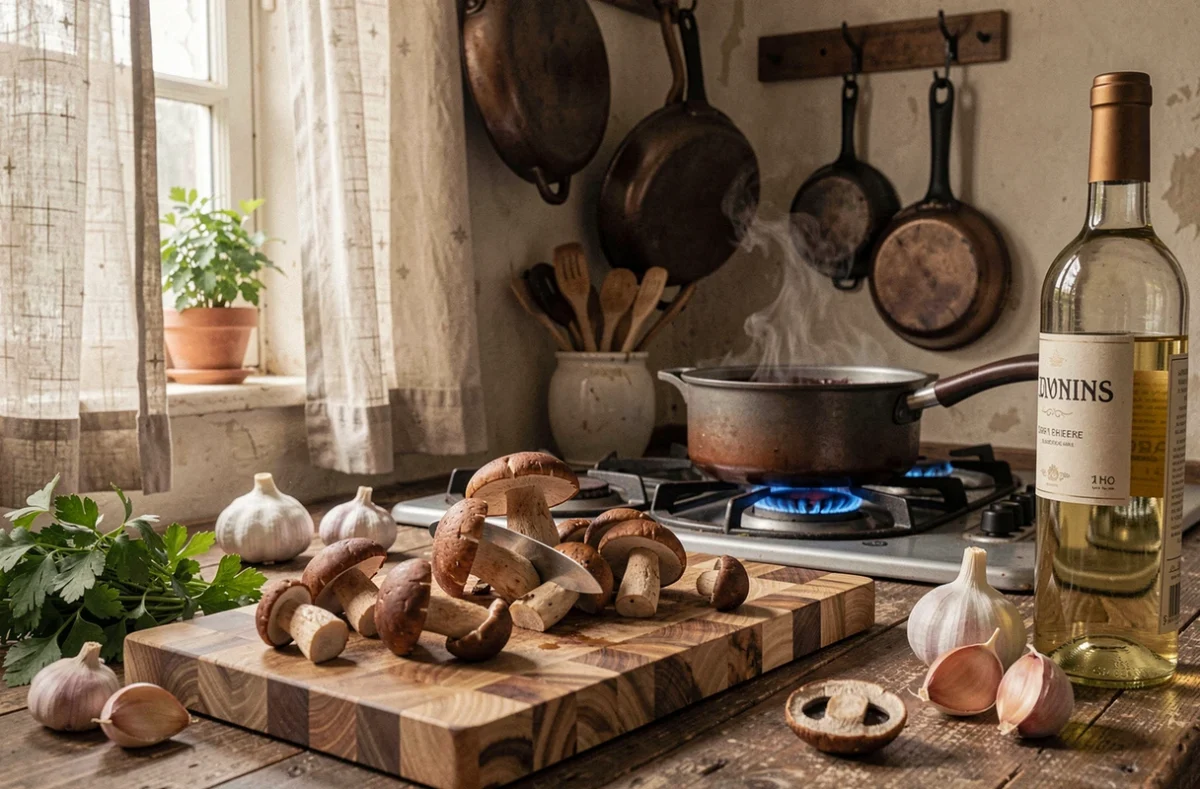 Préparation d'une sauce de cèpes sans crème avec champignons frais et ail sur un plan de travail en bois