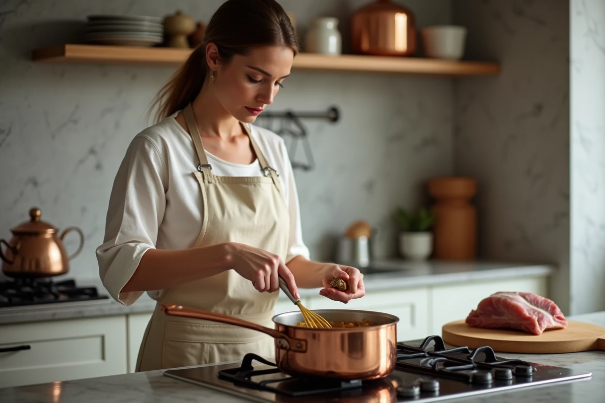 Cuisinière préparant une sauce au foie gras dans une casserole en cuivre sur une cuisinière moderne