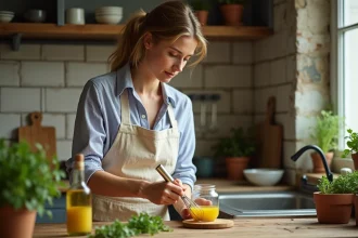 Femme préparant une vinaigrette maison dans un bocal en verre sur un plan de travail en bois, cuisine rustique authentique