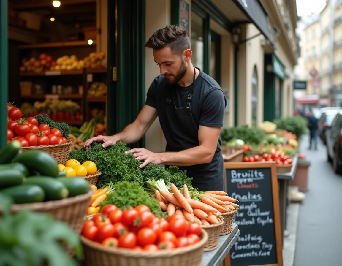 Primeur arrangeant des légumes frais devant sa boutique dans une rue parisienne
