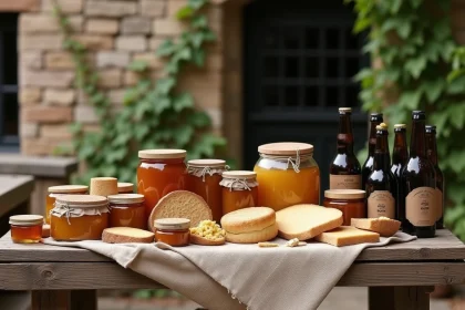 Étalage de produits d'abbaye artisanaux sur une table en bois rustique dans une cour monastique en pierre
