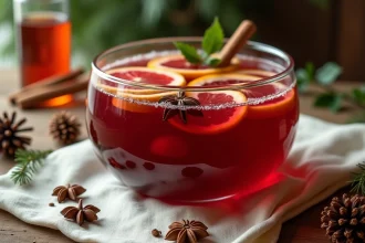 Bol de punch de Noël rouge rubis garni de tranches d'agrumes, de cannelle et d'anis étoilé sur une table en bois rustique décorée de pommes de pin et de houx