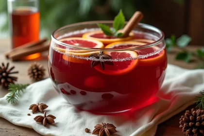 Bol de punch de Noël rouge rubis garni de tranches d'agrumes, de cannelle et d'anis étoilé sur une table en bois rustique décorée de pommes de pin et de houx