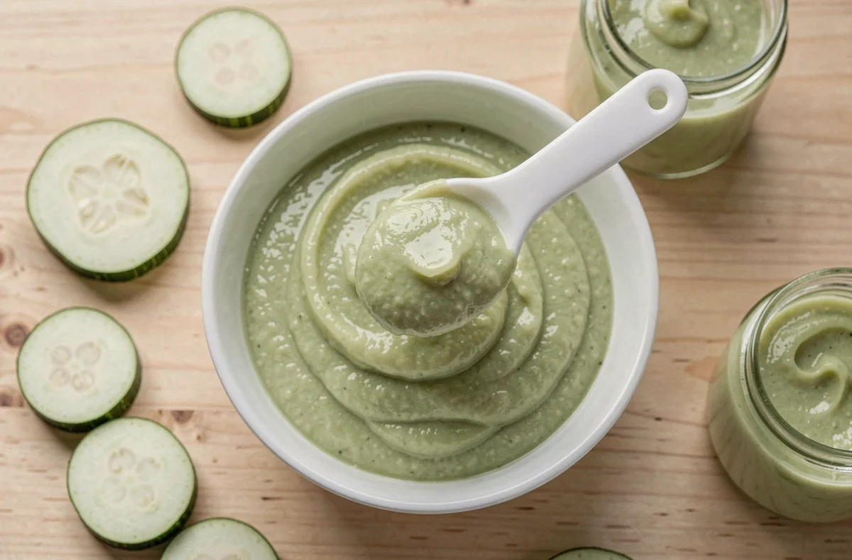 Purée de courgette lisse dans un bol blanc avec une cuillère en silicone pour bébé, vue de dessus sur une table en bois