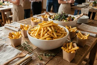Grand bol de frites dorées sur un buffet convivial avec des cornets individuels pour un apéro dînatoire