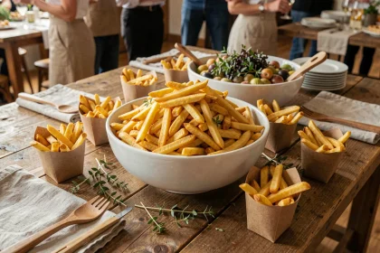 Grand bol de frites dorées sur un buffet convivial avec des cornets individuels pour un apéro dînatoire