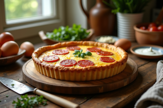 Quiche au chorizo fraîche sur une table en bois
