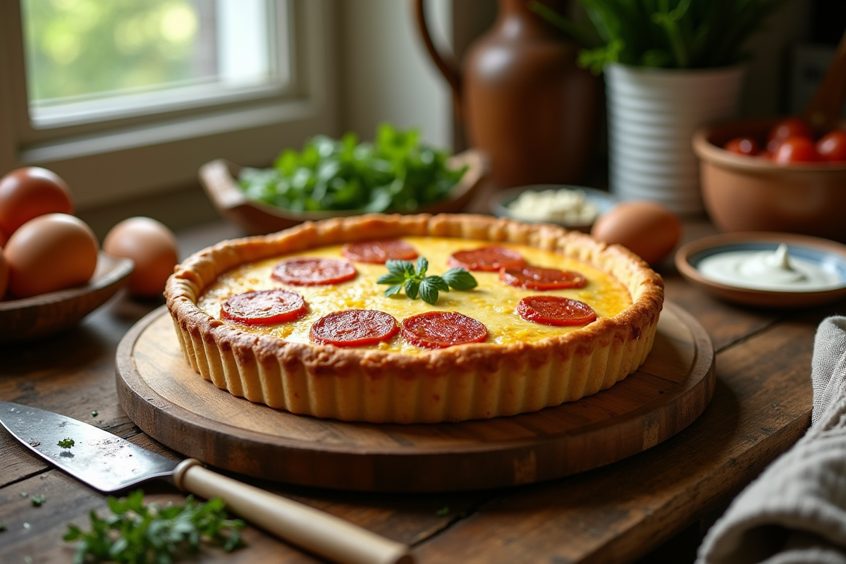 Quiche au chorizo fraîche sur une table en bois