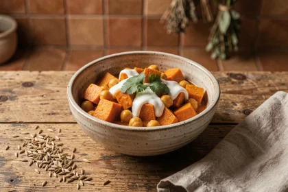 Bol rustique de ragoût de patate douce et pois chiches garni de coriandre fraîche sur une table en bois