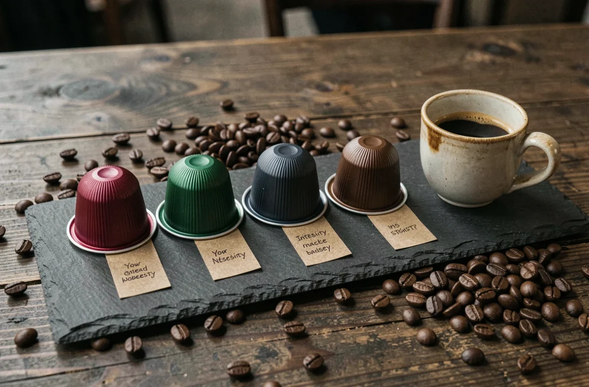 Rangée de capsules compatibles Nespresso de haute intensité sur un plateau en ardoise avec grains de café et étiquettes artisanales