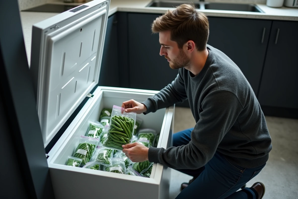 Homme rangeant des sachets de haricots verts congelés dans un congélateur organisé pour le batch cooking