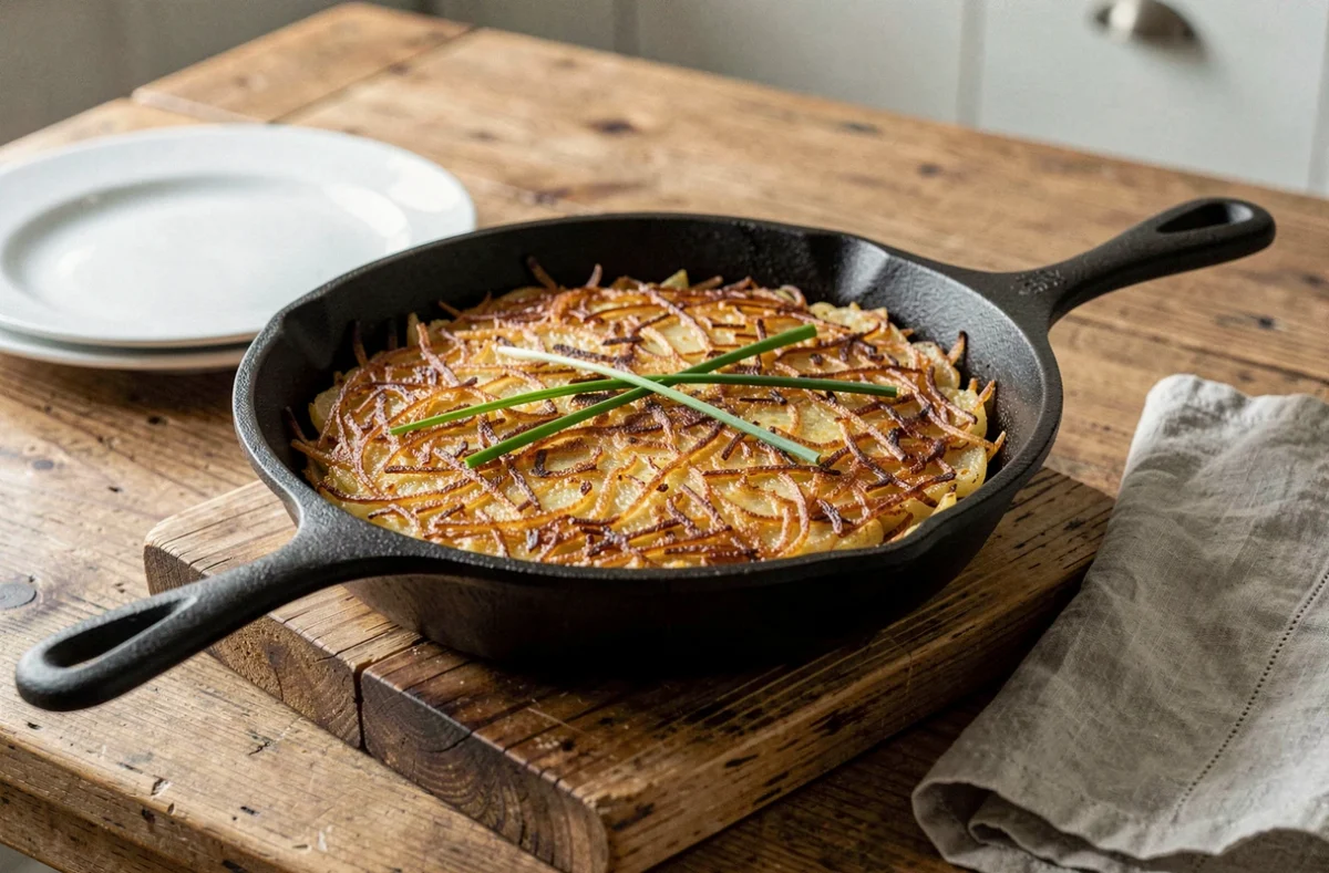 Rapée de pommes de terre dorée et croustillante dans une poêle en fonte posée sur une table en bois, recette express trois ingrédients