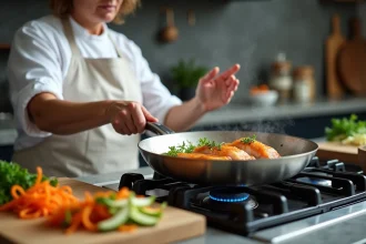 Cheffe cuisinière faisant sauter une julienne de poisson à la poêle avec des légumes colorés sur une cuisinière à gaz