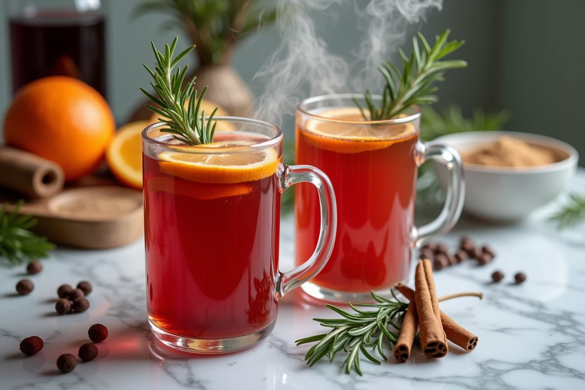Deux mugs en verre de punch de Noël chaud avec vapeur, entourés d'ingrédients de recette comme cannelle, clous de girofle et vin rouge sur un plan de travail en marbre