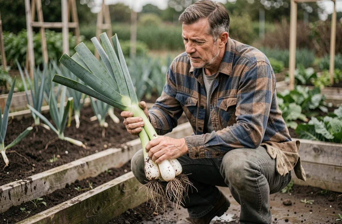 Homme tenant des poireaux fraîchement récoltés dans un potager, examinant les feuilles vertes à garder ou jeter