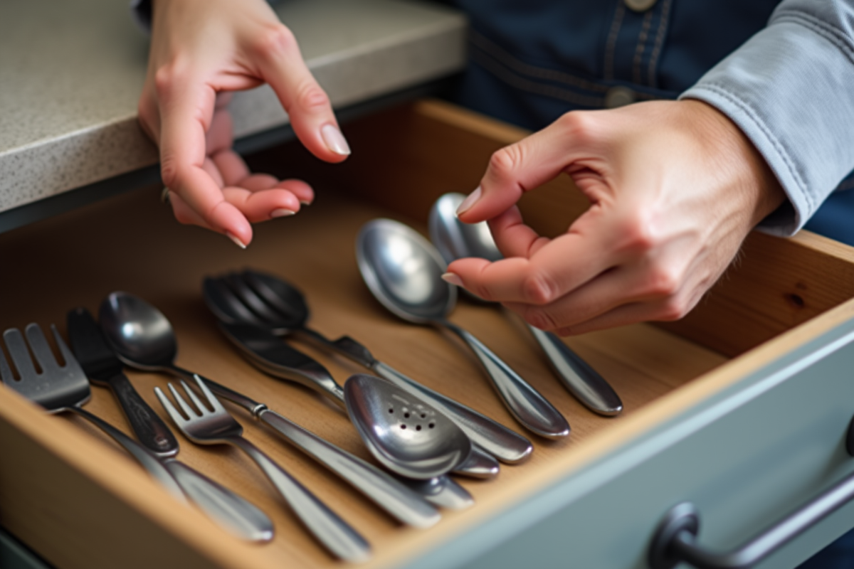 Mains remplaçant des ustensiles usés par des neufs dans un tiroir moderne
