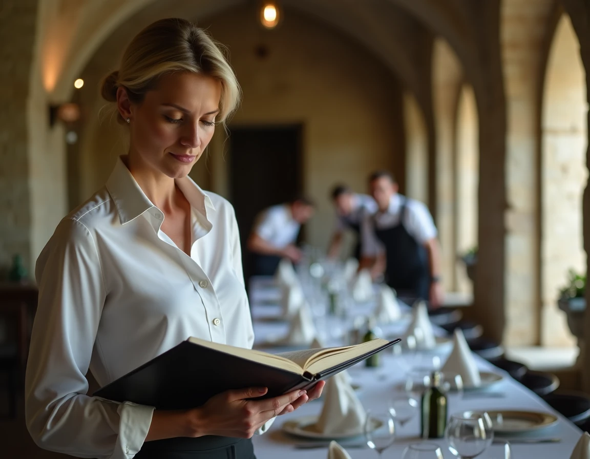 Responsable de salle d'un restaurant de Carcassonne centre ville préparant l'installation d'une grande tablée dans une salle voûtée en pierre