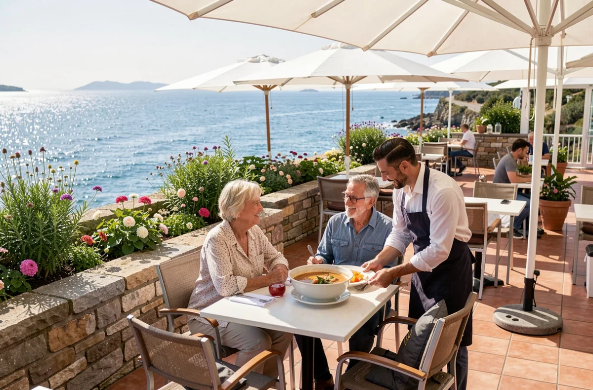 Terrasse fleurie du Restaurant Belle Vue à Fouesnant avec vue sur la baie et service en table