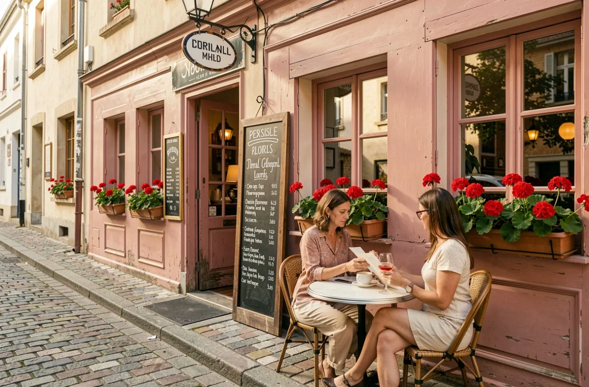 Façade pittoresque de La Pomme d'Api avec terrasse en pavés, géraniums et menu ardoise