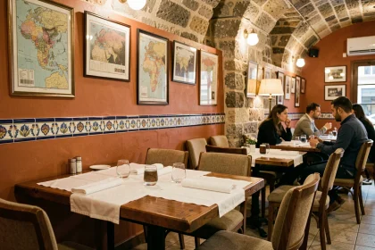 Salle intérieure du restaurant libanais Le Cèdre rue Mouffetard à Paris, décor chaleureux avec carreaux de céramique et tables en bois