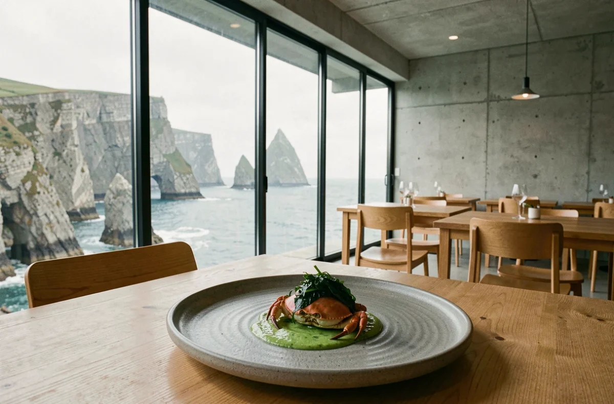 Salle moderne du restaurant Loas à Crozon avec vue sur les falaises de la presqu'île et plat de crabe local