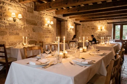 Table dressée pour deux dans un restaurant romantique de Nouvelle-Aquitaine, ambiance chaleureuse et raffinée
