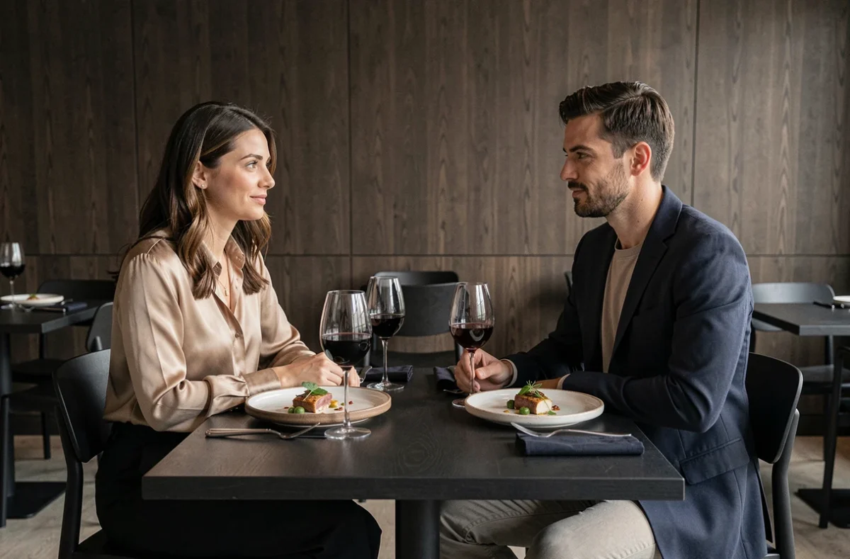 Couple attablé dans le restaurant gastronomique intimiste Son à Bordeaux, cadre épuré et élégant