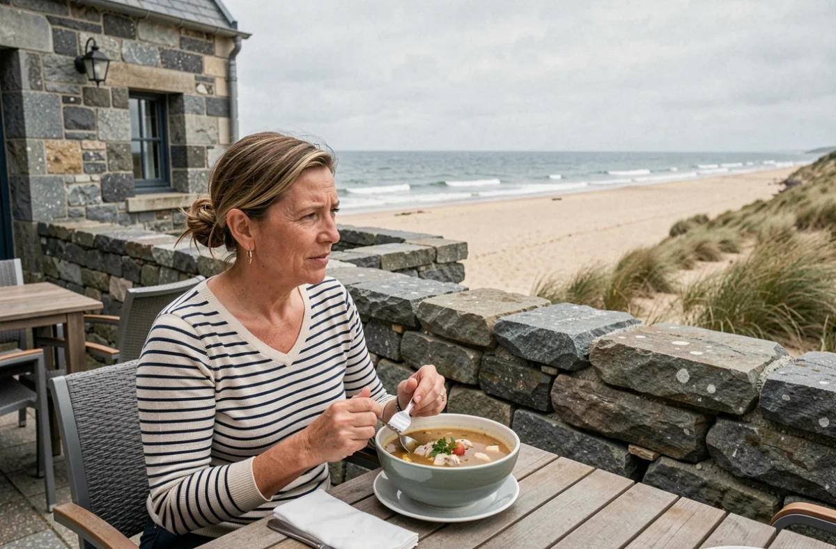 Terrasse du Roc'h Ar Mor à Plouescat avec architecture en granit breton et vue sur la plage et les dunes