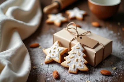 Sablés de Noël en forme d'étoiles et sapins posés sur une table en bois rustique avec une décoration cadeau en kraft et ficelle