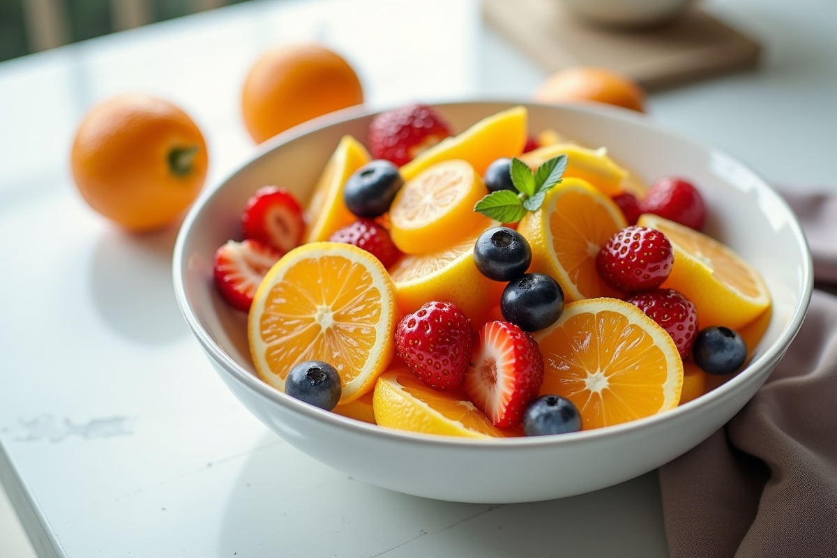 Salade de fruits colorée avec oranges fraises et aubergines