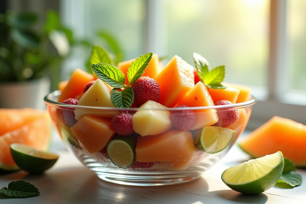 Salade de fruits colorée avec melons et litchis