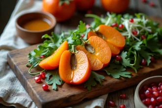 Salade salée au kaki sur une planche en bois rustique avec roquette, fenouil et graines de grenade