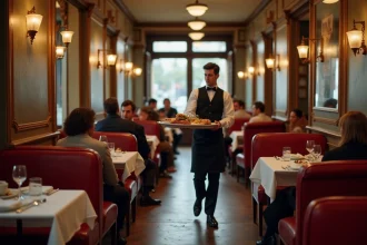 Service du déjeuner dans un bistrot parisien typique avec banquettes en cuir rouge et comptoir en zinc