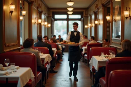 Service du déjeuner dans un bistrot parisien typique avec banquettes en cuir rouge et comptoir en zinc