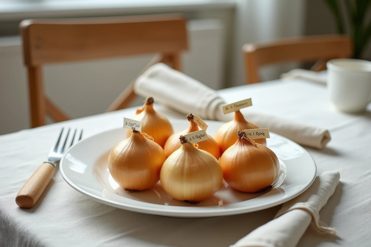 Six oignons entiers disposés sur une assiette blanche avec des étiquettes de grammage sur une table dressée pour un article de cuisine