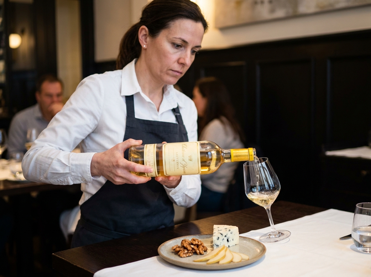 Sommelière versant un Sauternes lors d'une dégustation avec un accord fromage Roquefort et noix au restaurant gastronomique